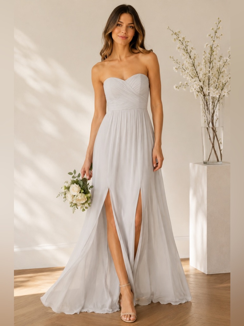 Social Bridesmaids 8159 Oyster Gray Strapless Sweetheart Double Slits Maxi Dress